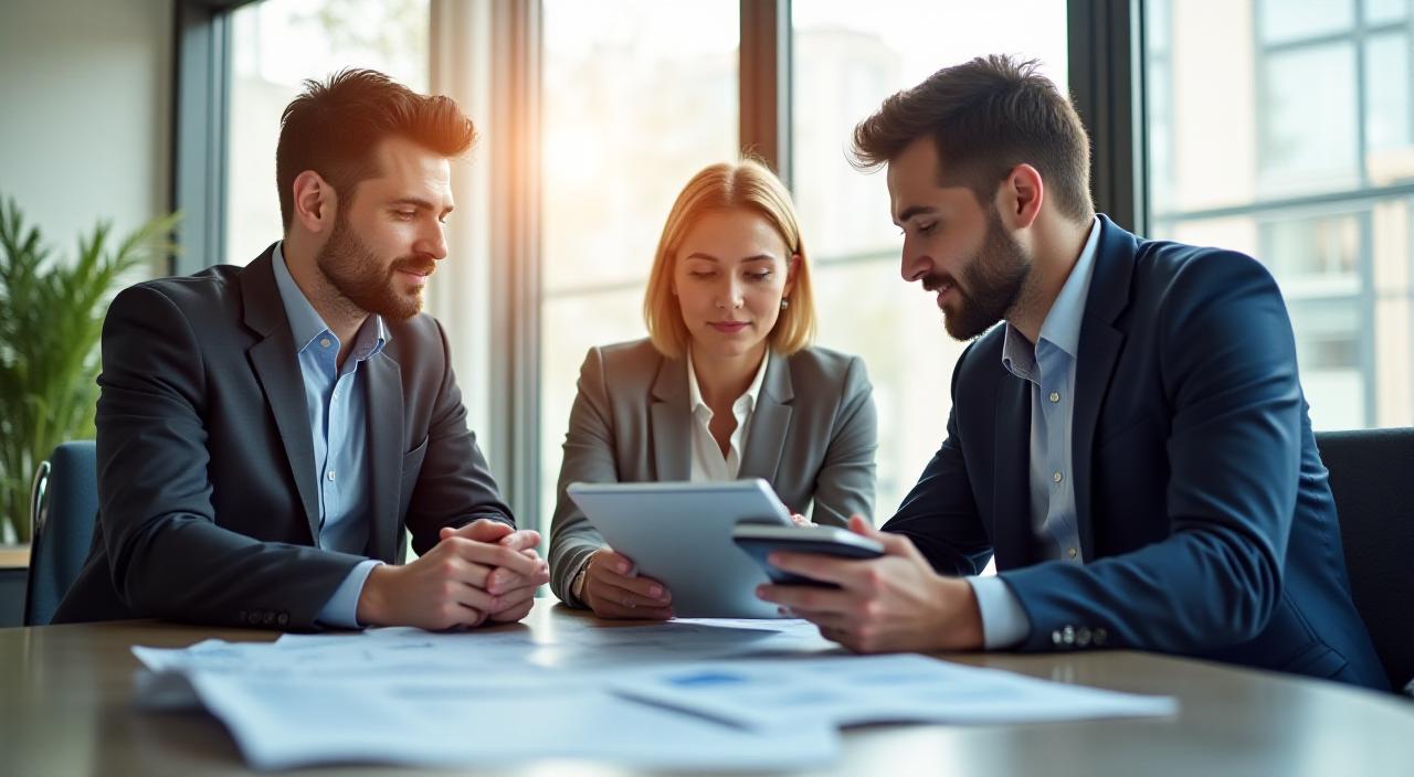 Financial consultants discussing business valuation metrics in a modern boardroom